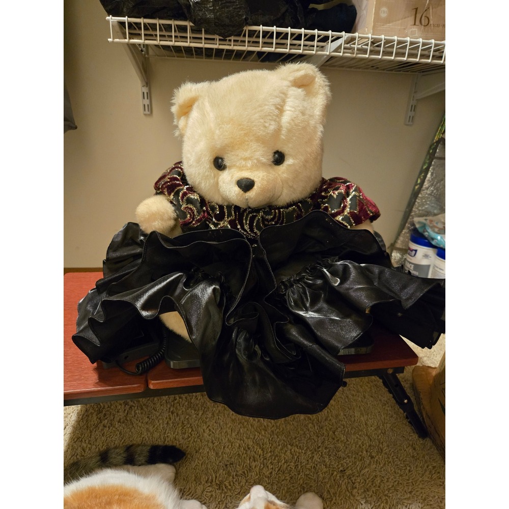Vintage Cream Teddy Bear in Ornate‎ Burgundy Gold Brocade and Black Ruffle Dress